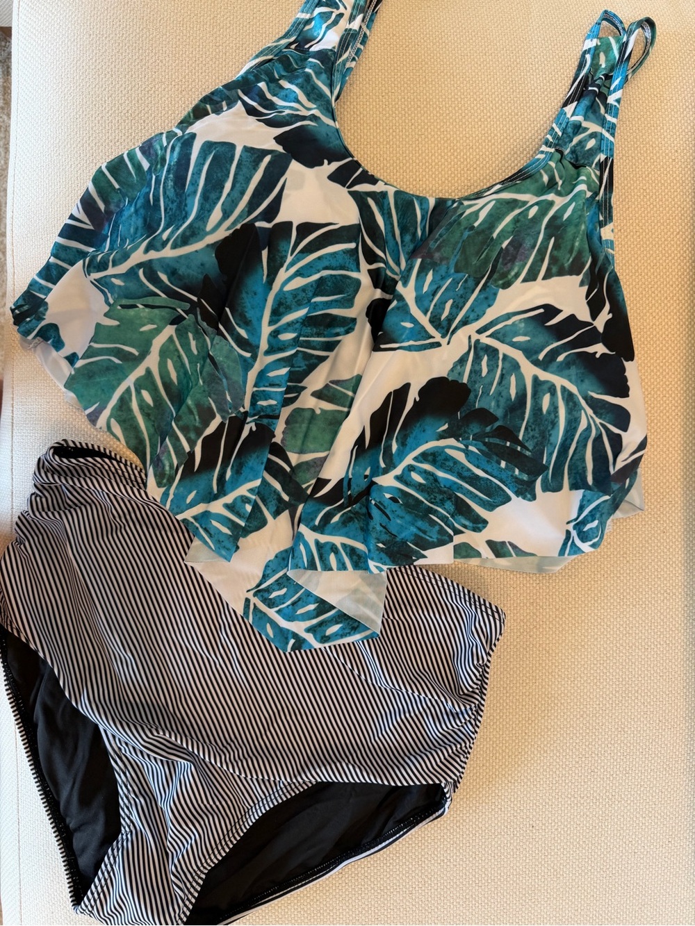 Teal Tropical Flounce Tankini Top with Striped High-Waist Bottom